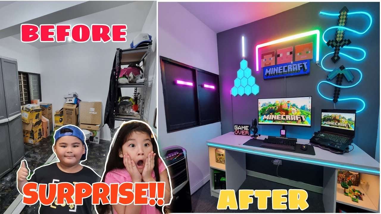 I Built their DREAM GAMING Room!! *Surprising my kids!! Minecraft Govee Glide